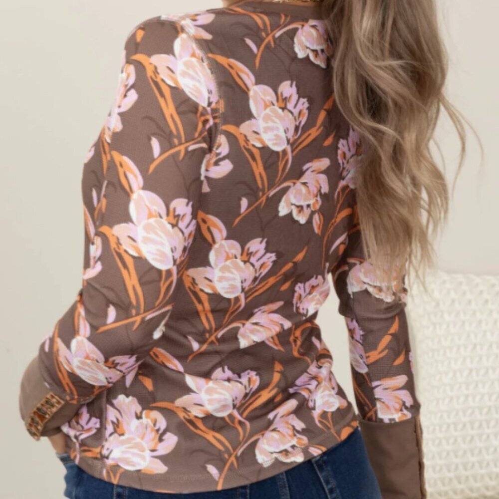 Vintage Inspired Floral Textured Waffle Knit Long Sleeve Top Casual Boho Brown - Picture 3 of 6
